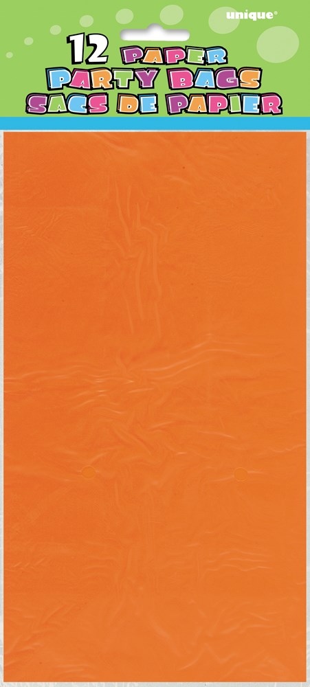 Bright orange rectangular paper party bag with a smooth finish, pack of 12.