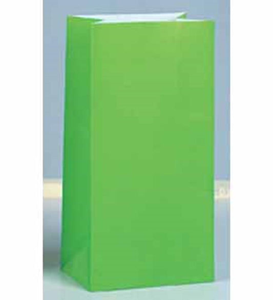 Bright neon green rectangular paper party bag with flat bottom and open top.