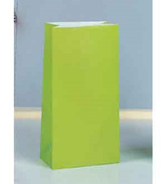 Set of 12 lime green rectangular paper party bags with flat bottoms and matte finish.