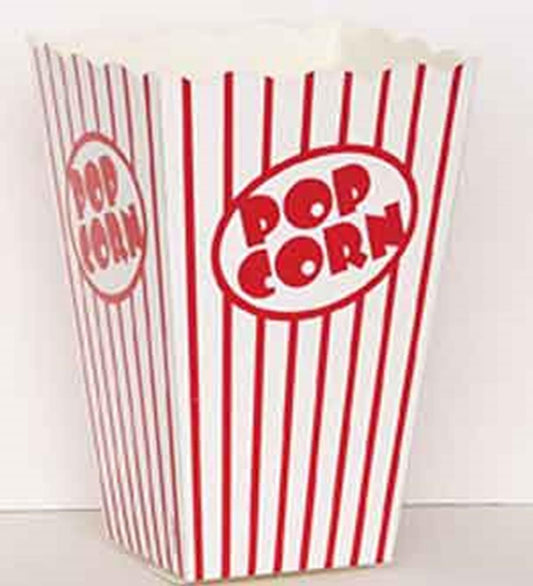 White cardboard popcorn box with vertical red stripes and bold red "Pop Corn" text inside an oval on front and side.