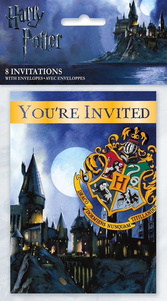 Harry Potter-themed birthday invitation set with Hogwarts castle background and gold crest emblem, includes eight cards and.