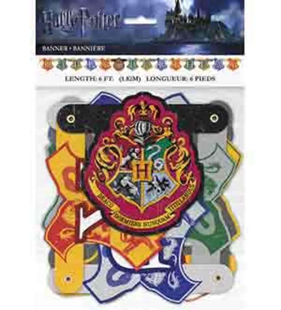 Harry Potter jointed banner featuring colorful Hogwarts house crests with Gryffindor, Slytherin, Hufflepuff, and Ravenclaw.