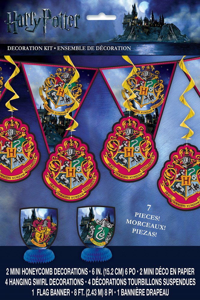 Harry Potter 7-piece decor kit with 4 Hogwarts house pennants, 2 mini honeycomb balls, and 4 hanging swirl ribbons in red.
