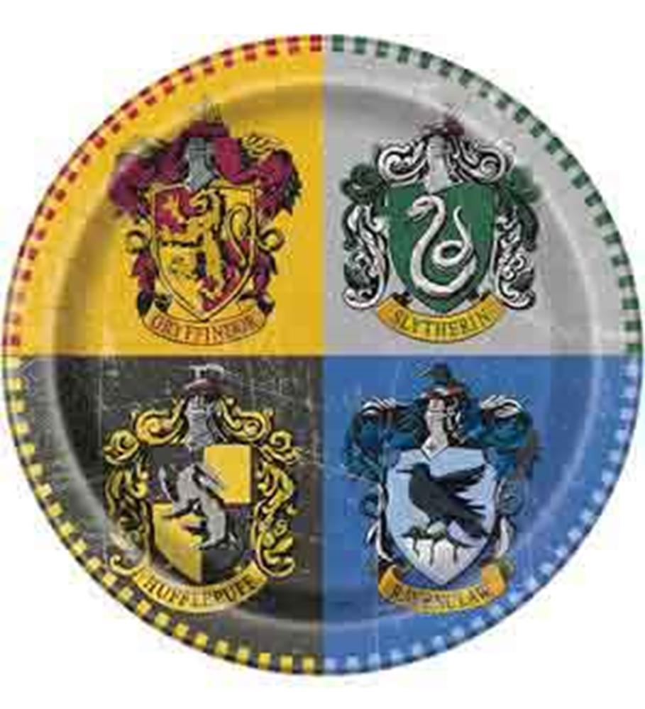 Round paper plate divided into four quadrants, each featuring Hogwarts house crests in red, green, yellow, and blue with.