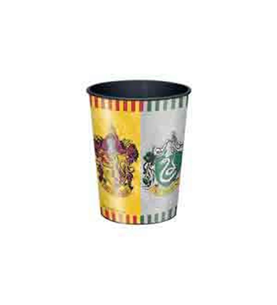 16oz plastic cup with colorful Harry Potter house crests and striped border design.
