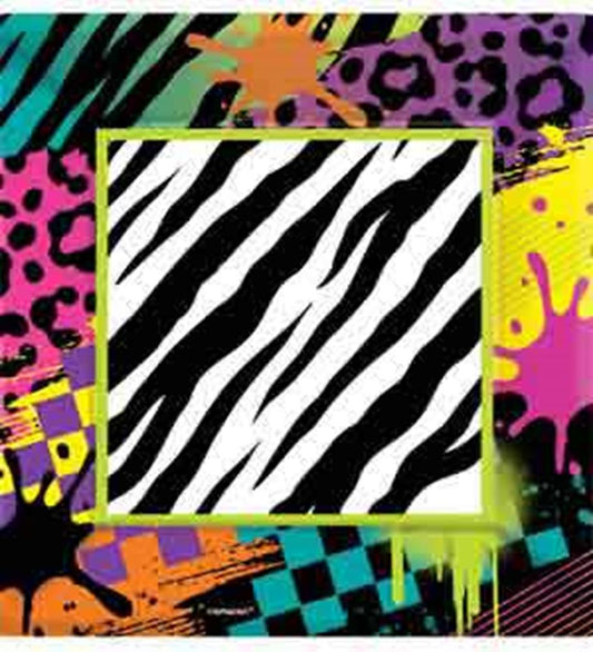 Square paper plate with black and white zebra stripes center and colorful 80s-style neon patterns on the border.