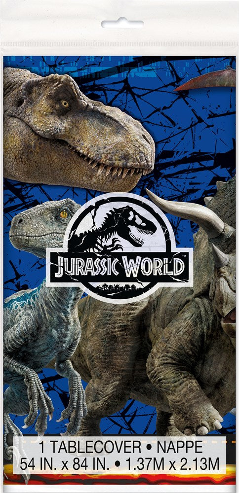 Blue tablecover featuring large T-Rex dinosaurs and the Jurassic World logo in black and white.