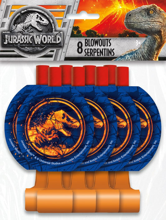 Set of eight Jurassic World T-Rex themed blowouts with blue circular paper tops and orange plastic mouthpieces.