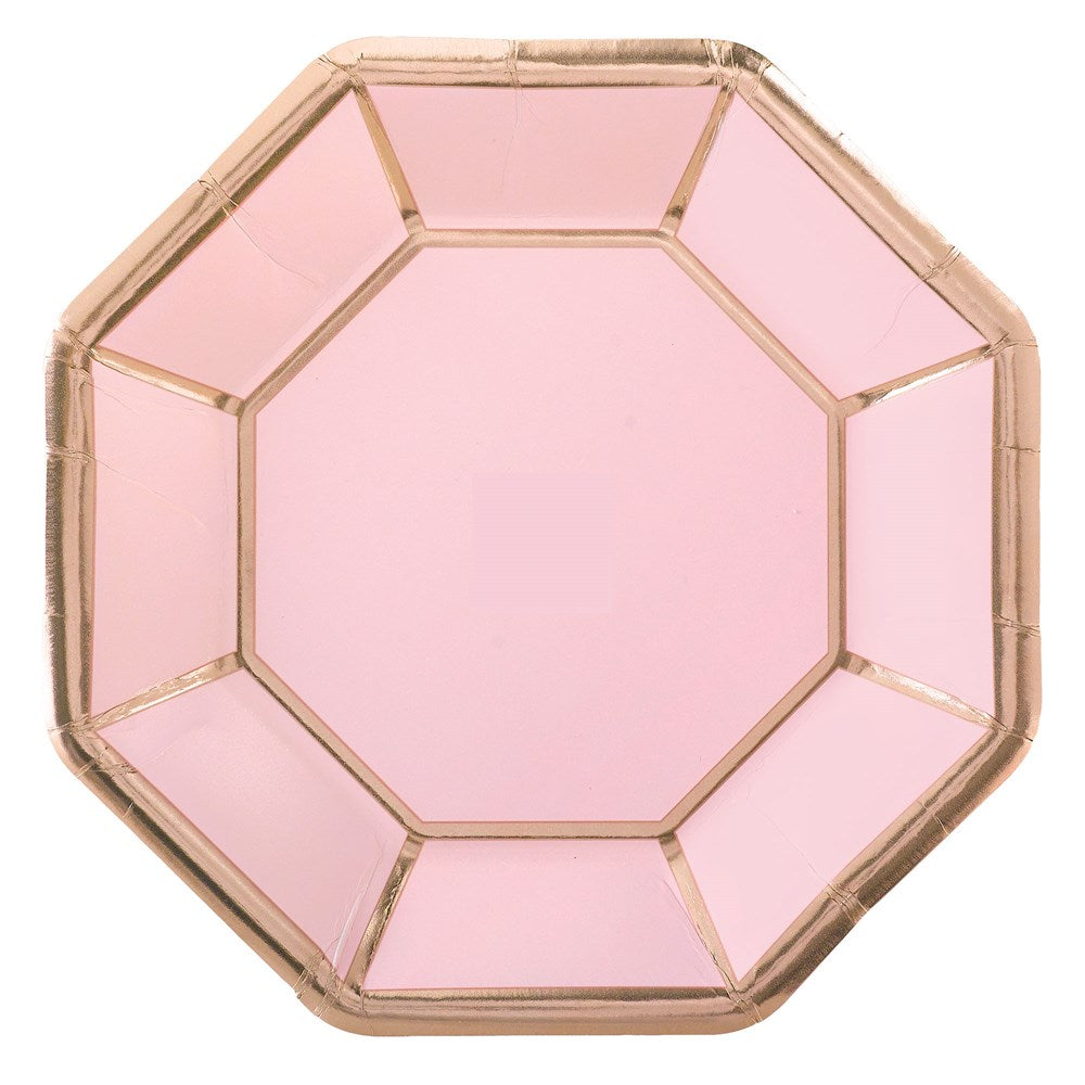Blush pink octagonal plate with metallic gold trim, 10-inch disposable wedding plate.