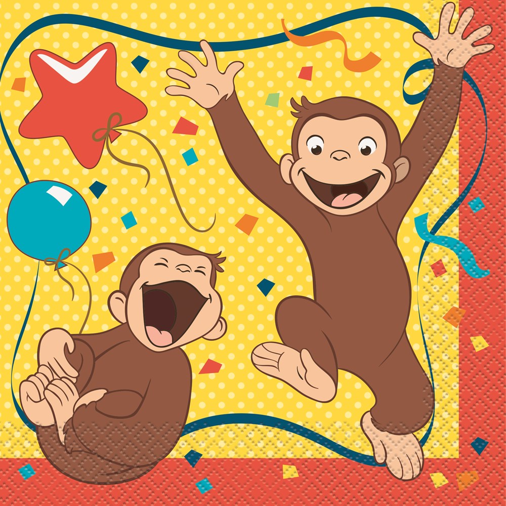 Square yellow napkin with two playful Curious George monkeys, colorful balloons, star, and blue ribbons.