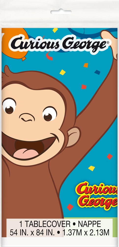 Blue tablecover with a large smiling Curious George face and colorful confetti, 54x84 inches.