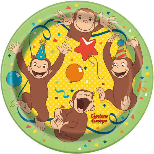 Round green plastic plate featuring Curious George in party hats with colorful balloons and confetti designs.