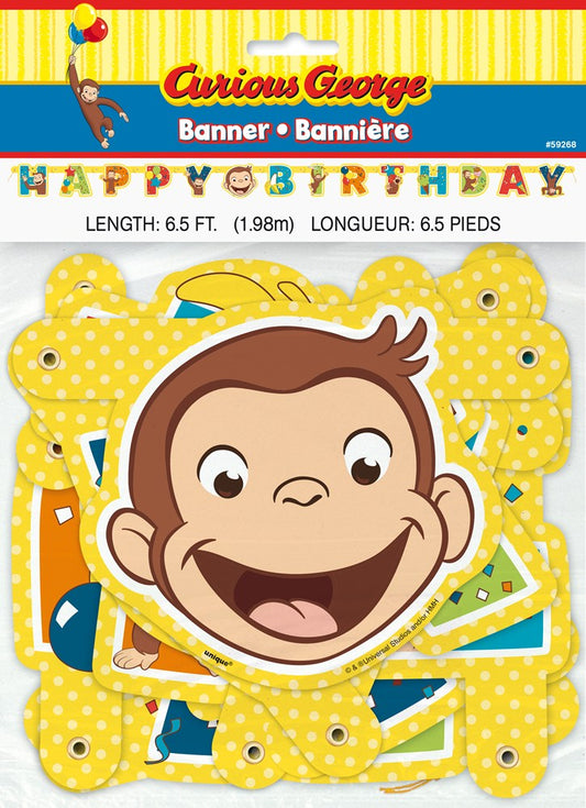 Yellow scalloped-edge birthday banner with smiling Curious George face and colorful letters.