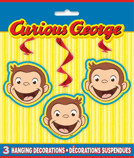 Set of three colorful hanging decorations featuring smiling Curious George faces with yellow striped background and red.