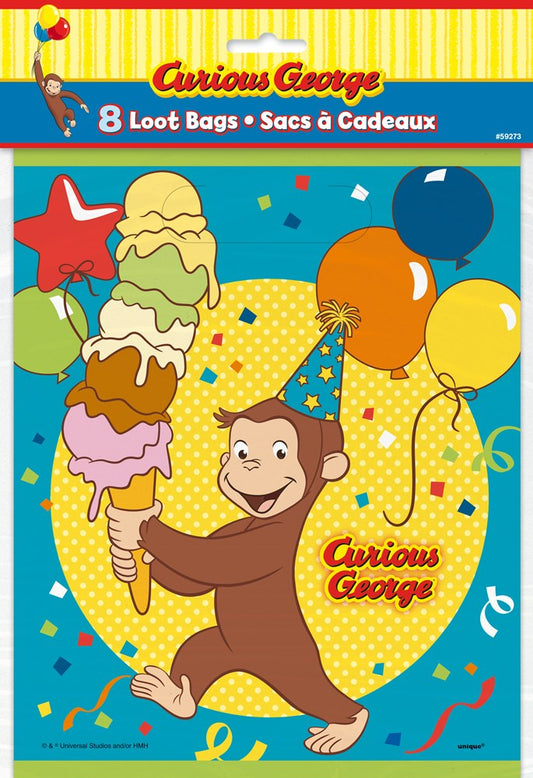 Colorful loot bag featuring Curious George holding a multi-scoop ice cream cone, surrounded by balloons and confetti.
