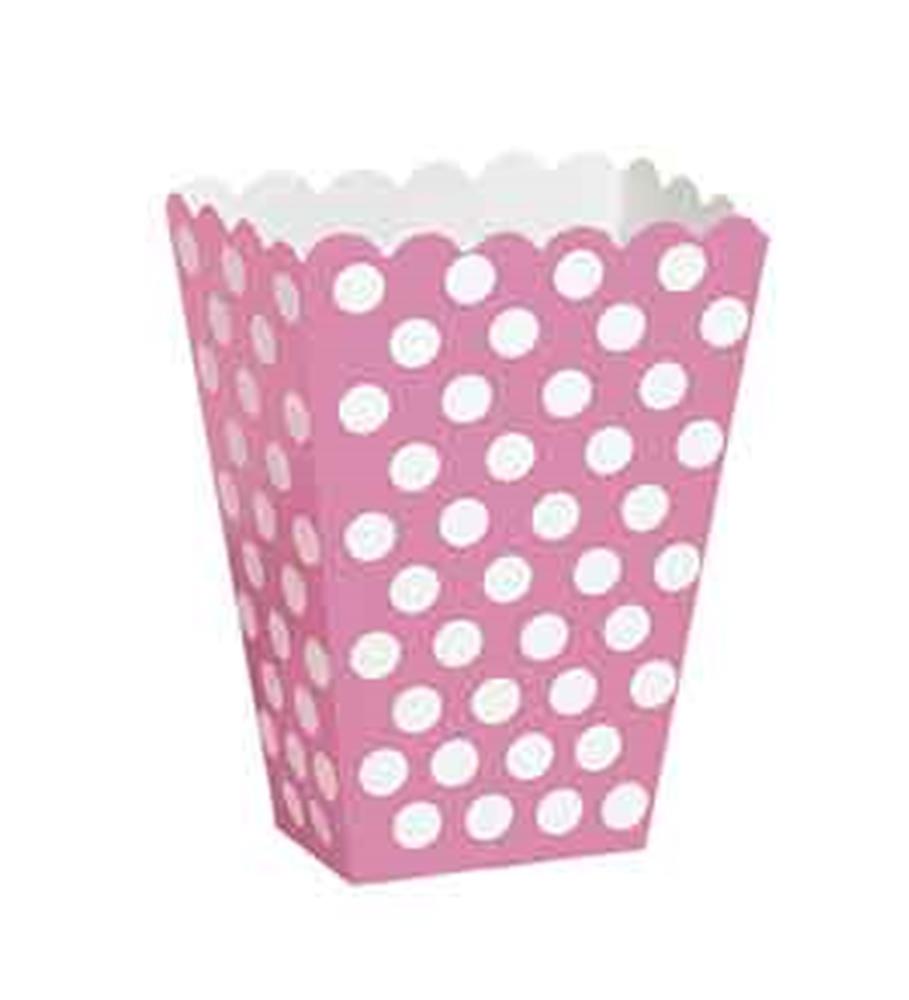 Hot pink rectangular treat box with white polka dots and scalloped top edge.