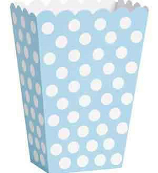 Powder blue rectangular treat box with white polka dots and scalloped top edges.