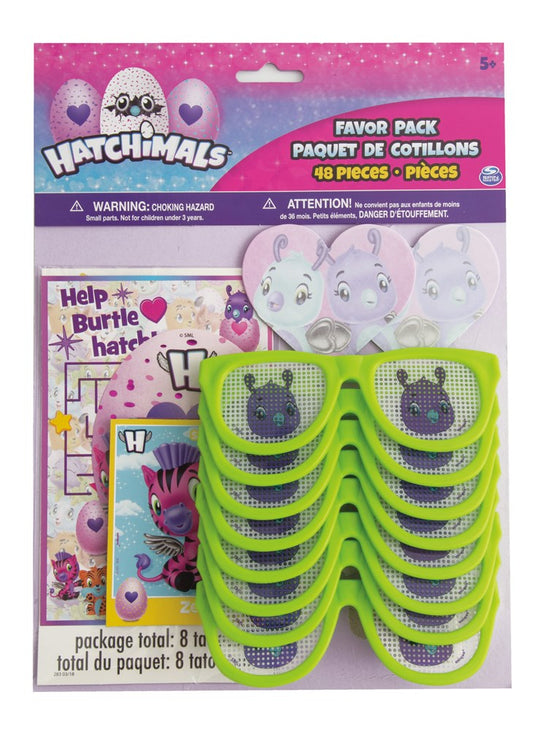 Hatchimals Favor Pack with 48 lime green sunglasses and themed cards in pink packaging.