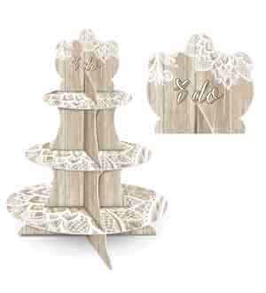 Three-tier wooden cupcake stand with lace-patterned edges and rustic finish, folding design.