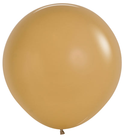 Round 36-inch latex balloon in matte latte brown color, inflated and smooth surface.