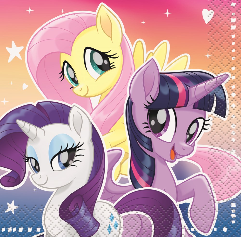 Square paper napkins featuring colorful My Little Pony characters Fluttershy, Twilight Sparkle, and Rarity on a starry pink.