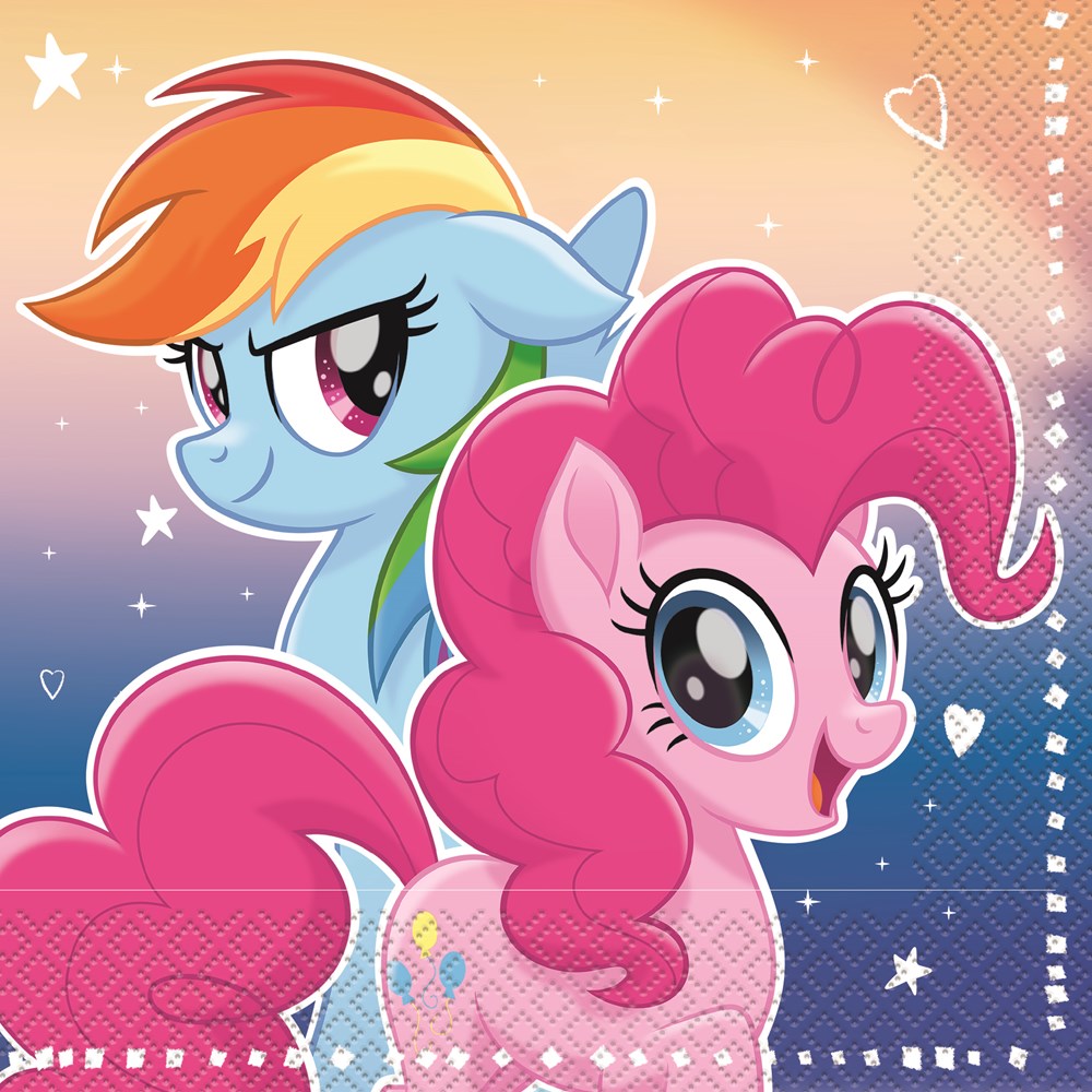Square pink and blue My Little Pony luncheon napkin with Rainbow Dash and Pinkie Pie characters on a gradient starry.