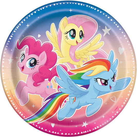 Round 9-inch plastic plate with colorful My Little Pony characters on a gradient pink and blue background with stars and.