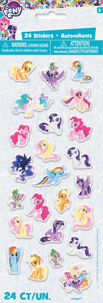 Set of 24 colorful My Little Pony puff stickers featuring various cartoon ponies with wings, manes, and tails in different.
