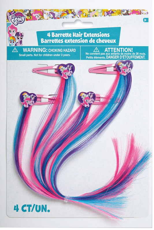 Set of four My Little Pony hair clips with pink and blue synthetic rainbow hair strands and pink pony-shaped plastic clips.