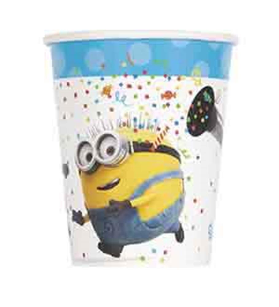White disposable cup with colorful confetti and a yellow Minion character wearing blue overalls and goggles on a blue.