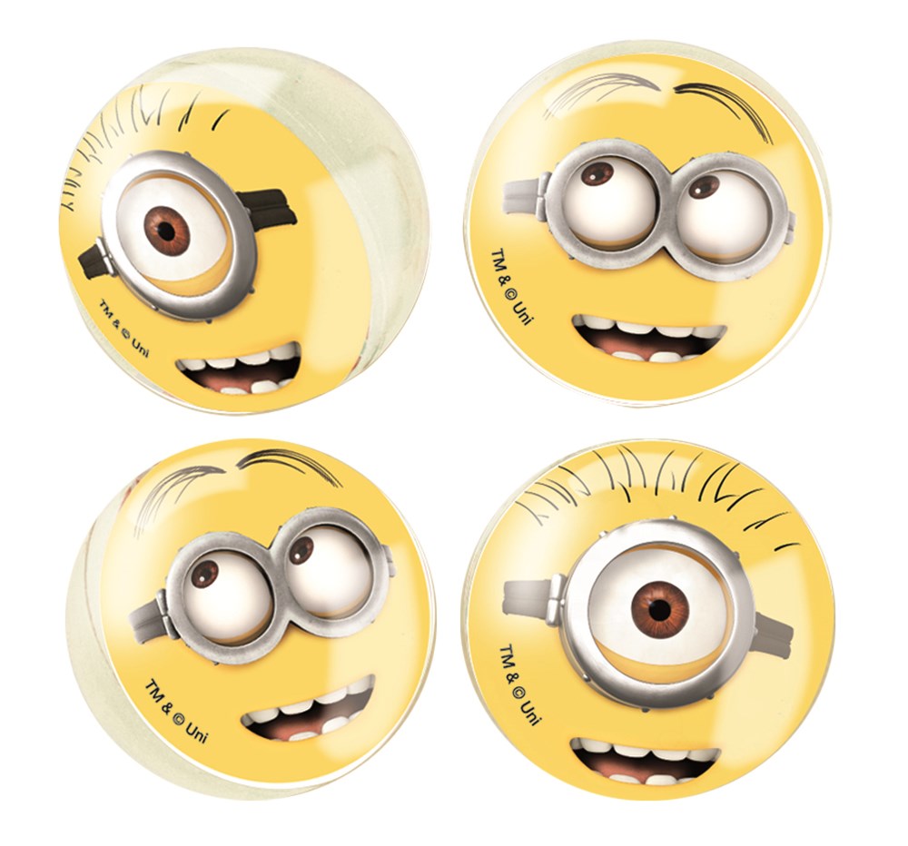 Four yellow bouncy balls featuring different Minion faces with goggles and playful expressions.