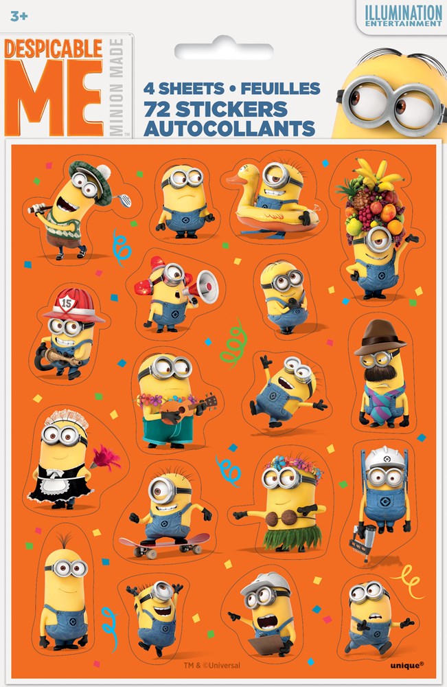 Sticker sheet with 20 colorful Despicable Me Minion characters on an orange background.
