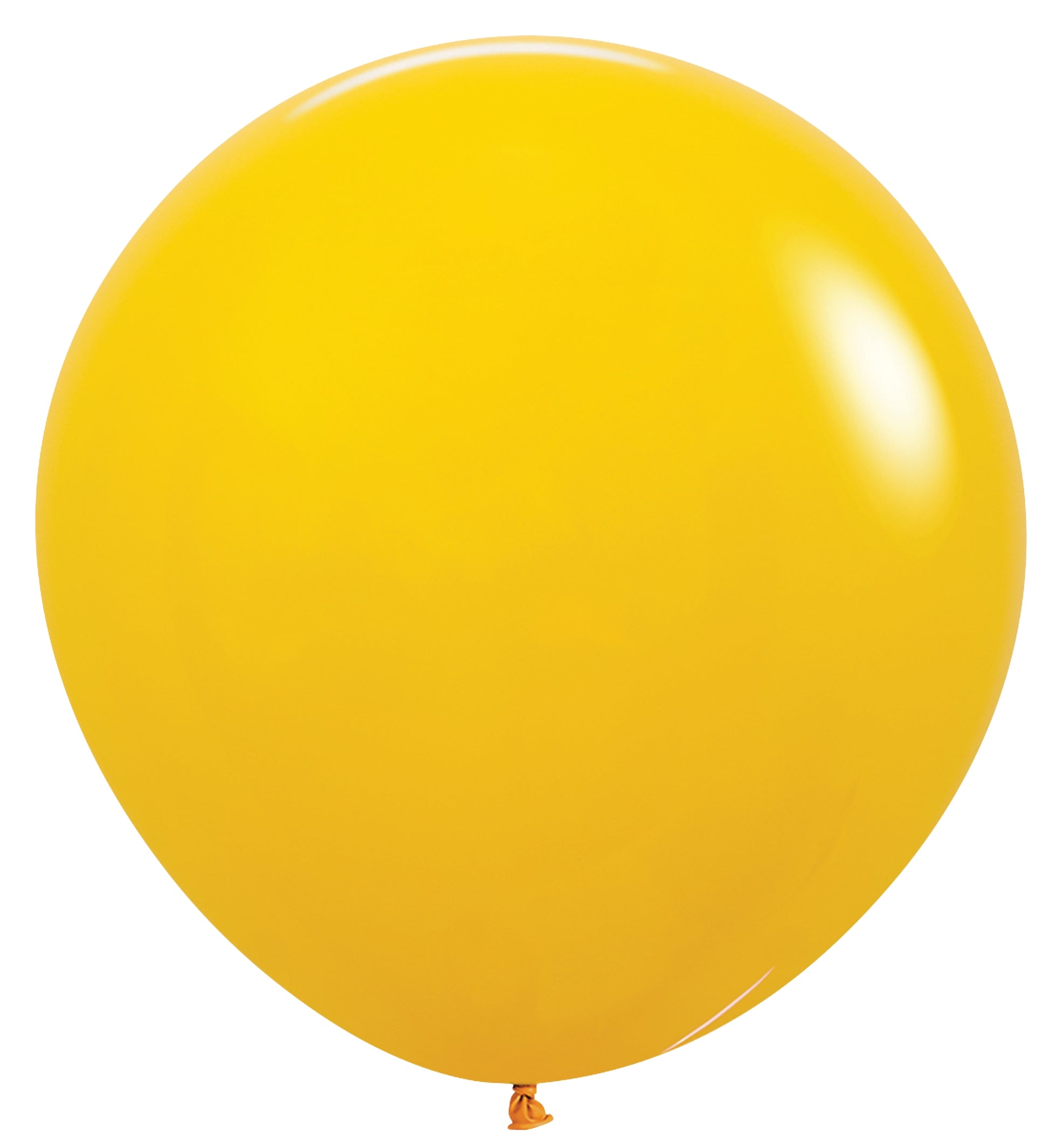 Large round honey yellow latex balloon with smooth surface and tied neck.