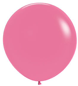 Glossy solid rose pink 24-inch round latex balloon inflated and tied at the bottom.