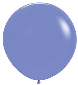 Round periwinkle blue latex balloon inflated to full size with glossy finish.