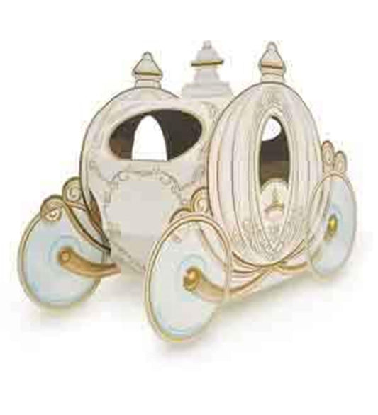 White and gold 3D princess carriage centerpiece with ornate detailing and rounded windows.