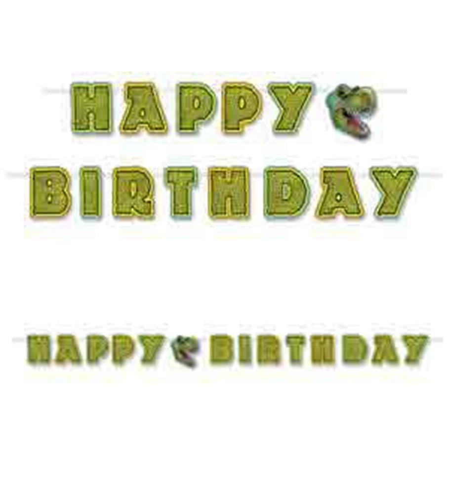 Green dinosaur-themed Happy Birthday letter streamer with cartoon dinosaur head and tail accents.