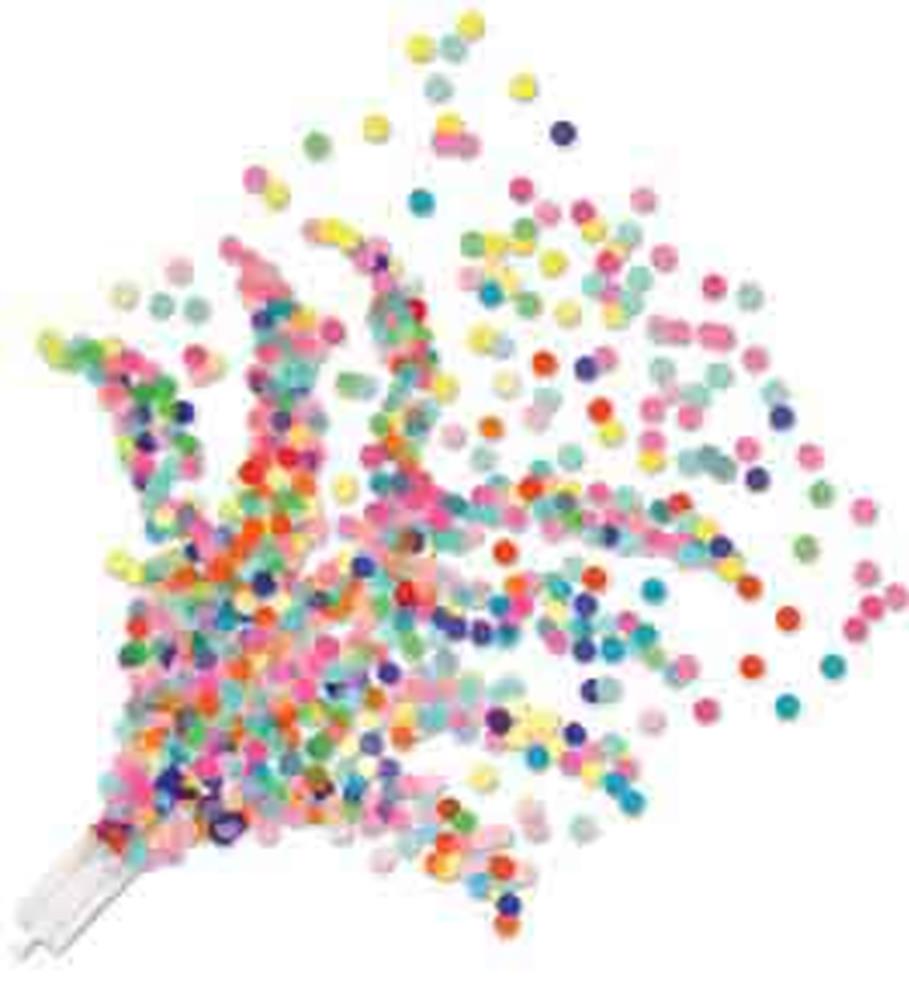 Clear plastic push-up confetti popper releasing colorful round confetti dots in various bright colors.