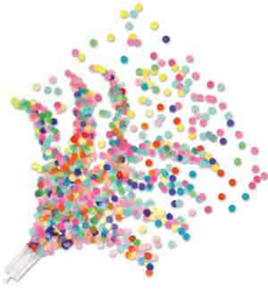 Clear plastic push-up confetti popper releasing colorful round confetti dots in various bright colors.