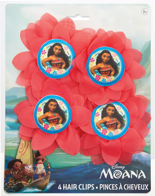 Set of four red fabric flower hair clips featuring round center buttons with Moana character graphics and blue backgrounds.