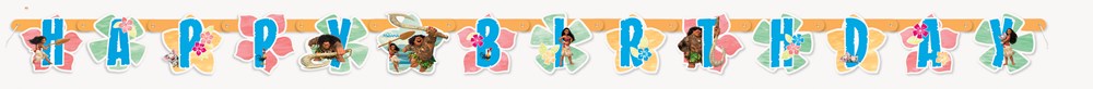 Colorful Moana-themed large jointed banner with "Happy Birthday" in bold letters and character illustrations.