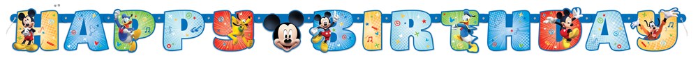 Colorful jointed banner spelling "Happy Birthday" with Mickey Mouse and roadster car themed letters.