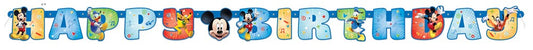 Colorful jointed banner spelling "Happy Birthday" with Mickey Mouse and roadster car themed letters.
