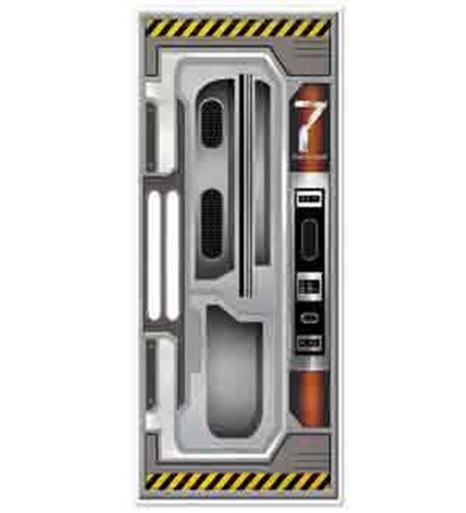 Gray and metallic spaceship door cover with black windows and industrial details, yellow-black hazard stripes at top and.