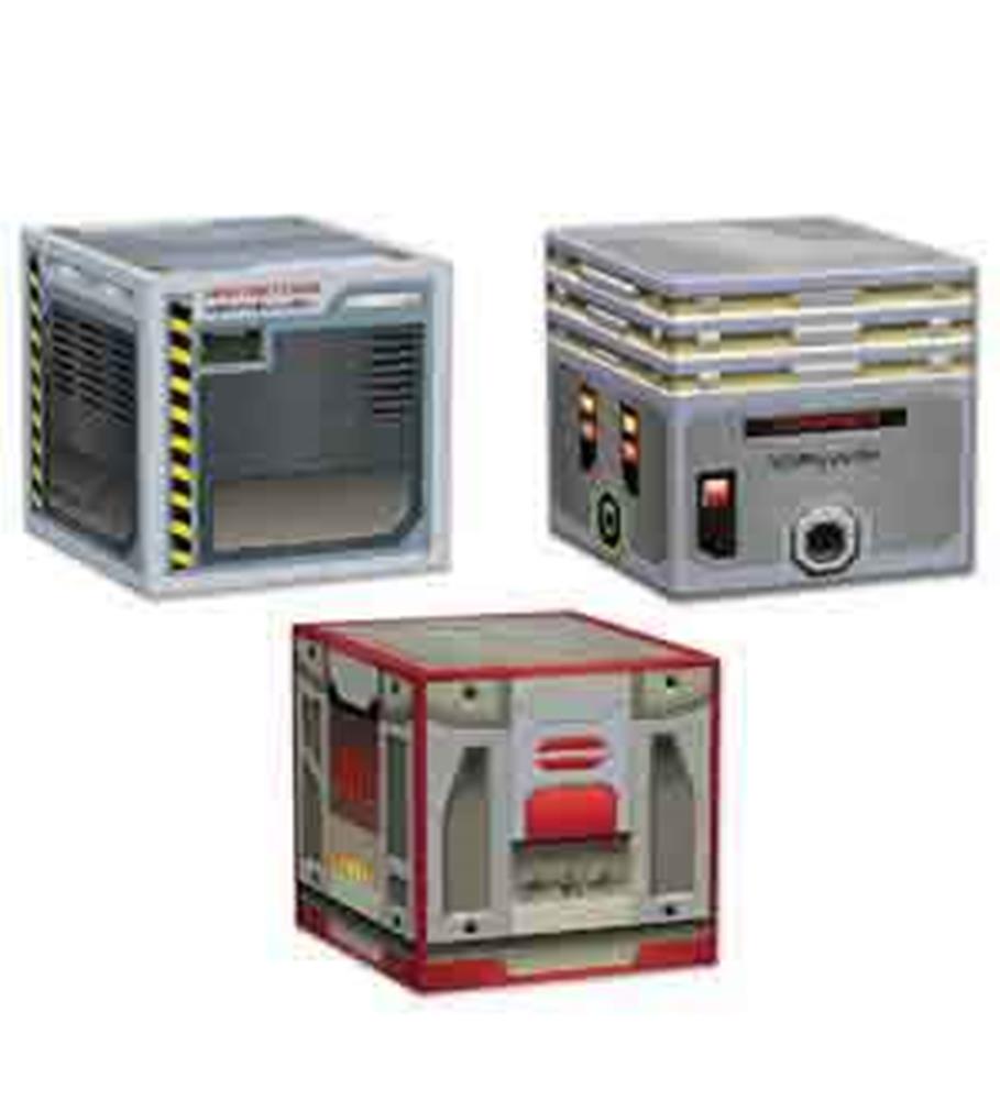 Set of three space-themed favor boxes with sci-fi crate designs in gray, metallic, and red accents.