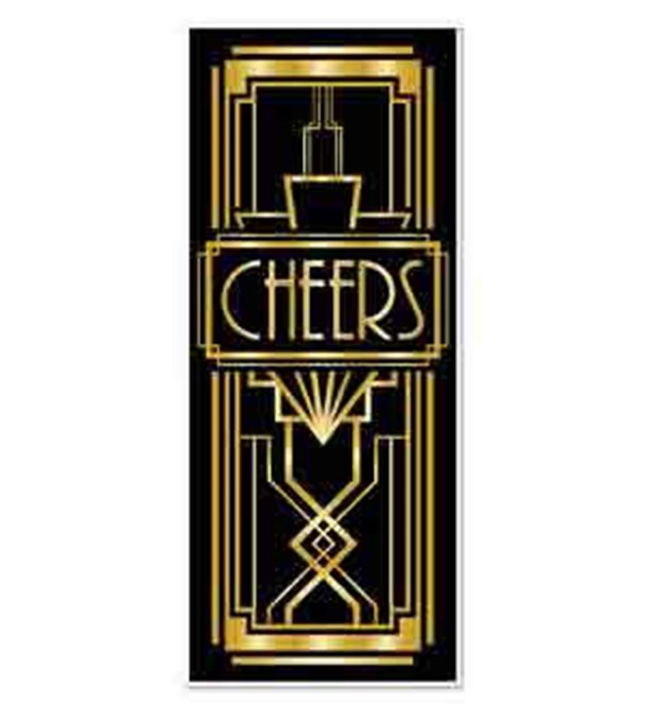 Black and gold Art Deco door cover with geometric patterns and "CHEERS" text in bold font.
