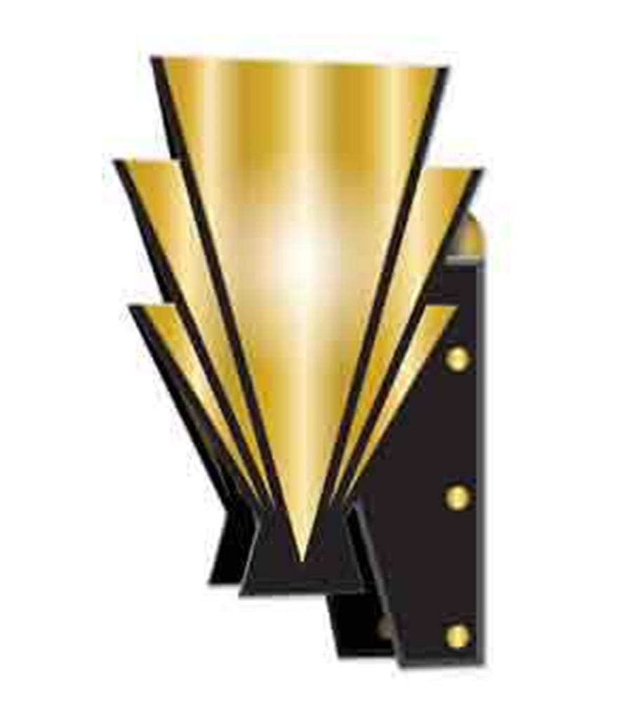 Art Deco style wall sconce with gold-toned geometric metal panels and black backing with brass screws.