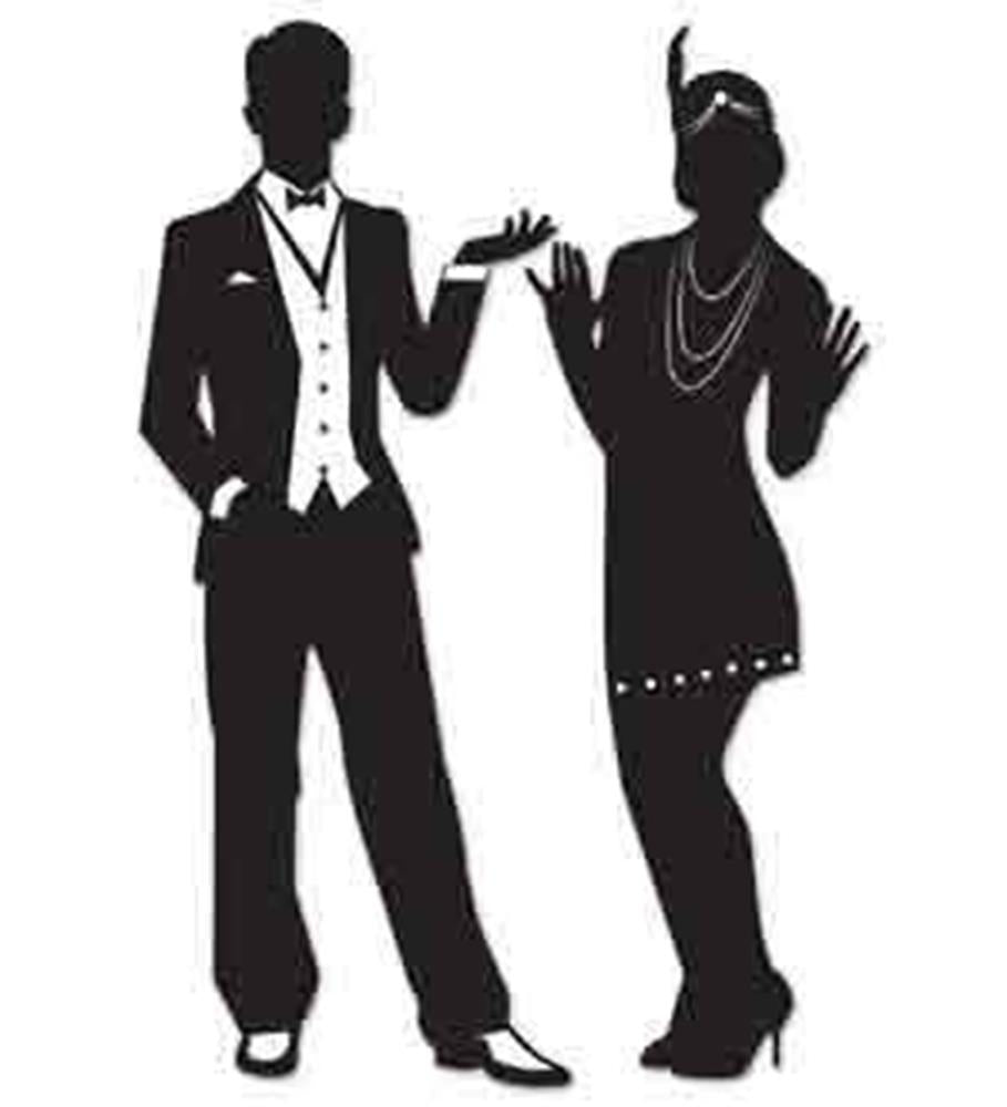 Black silhouettes of a 1920s man in a suit and vest with a bow tie and a woman in a flapper dress with beads and a headband.