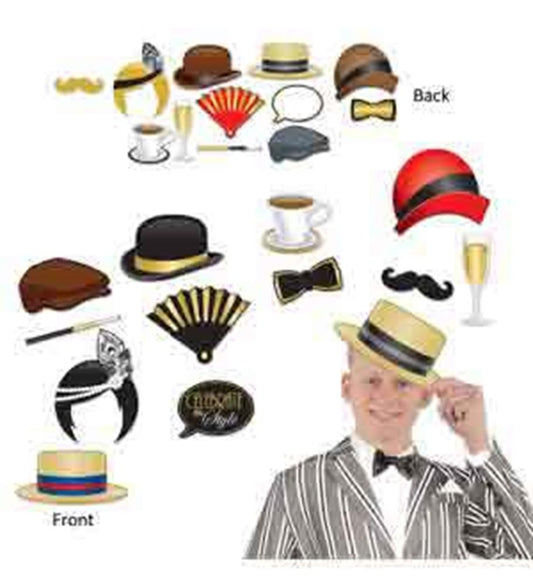 20s-themed photo booth props including hats, mustaches, bow ties, fans, champagne glass, and signs with vintage style.