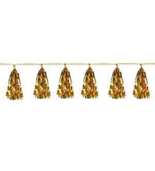 Gold metallic tassel garland with six shiny, fringed tassels evenly spaced on a thin string.